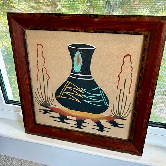 Vintage Navajo Framed Sand Art Painting of Beautiful Pottery - Picture 11 of 16